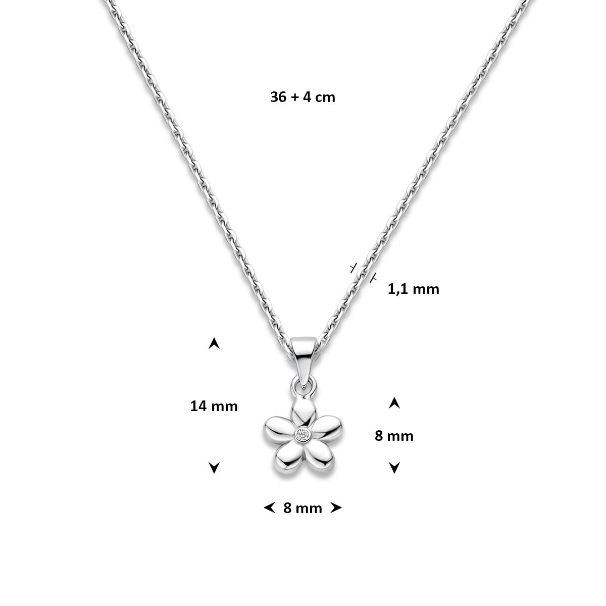 Collier bloem 1,1 mm 36 + 4 cm zilver gerhodineerd