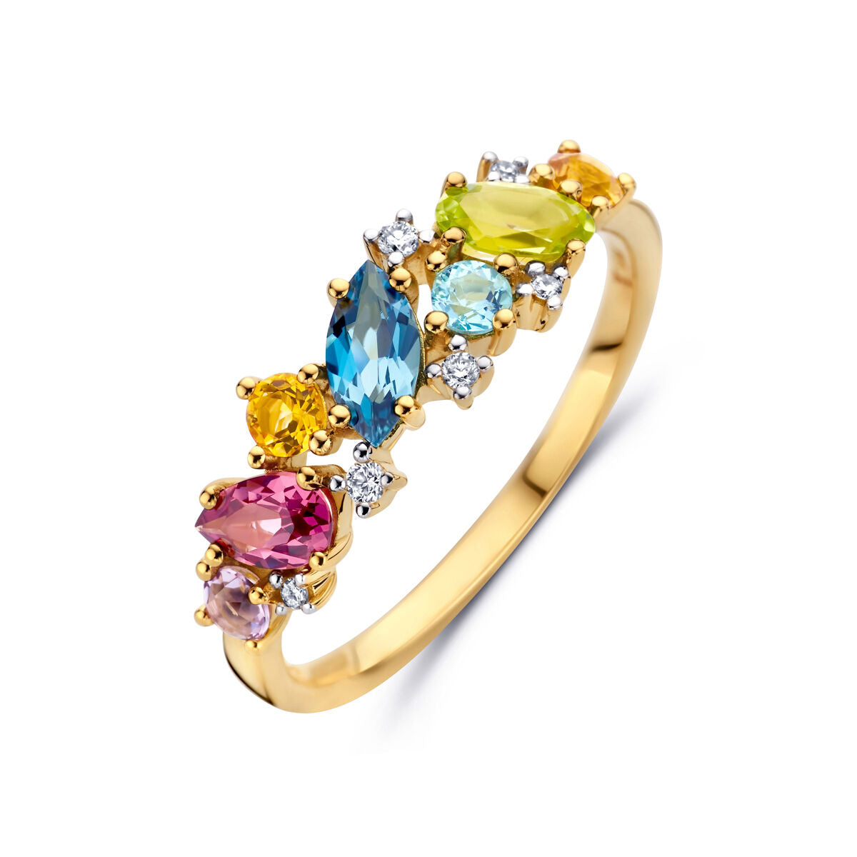 Ring natuurlijke kleurstenen en diamant 0.04ct h si 14K geelgoud