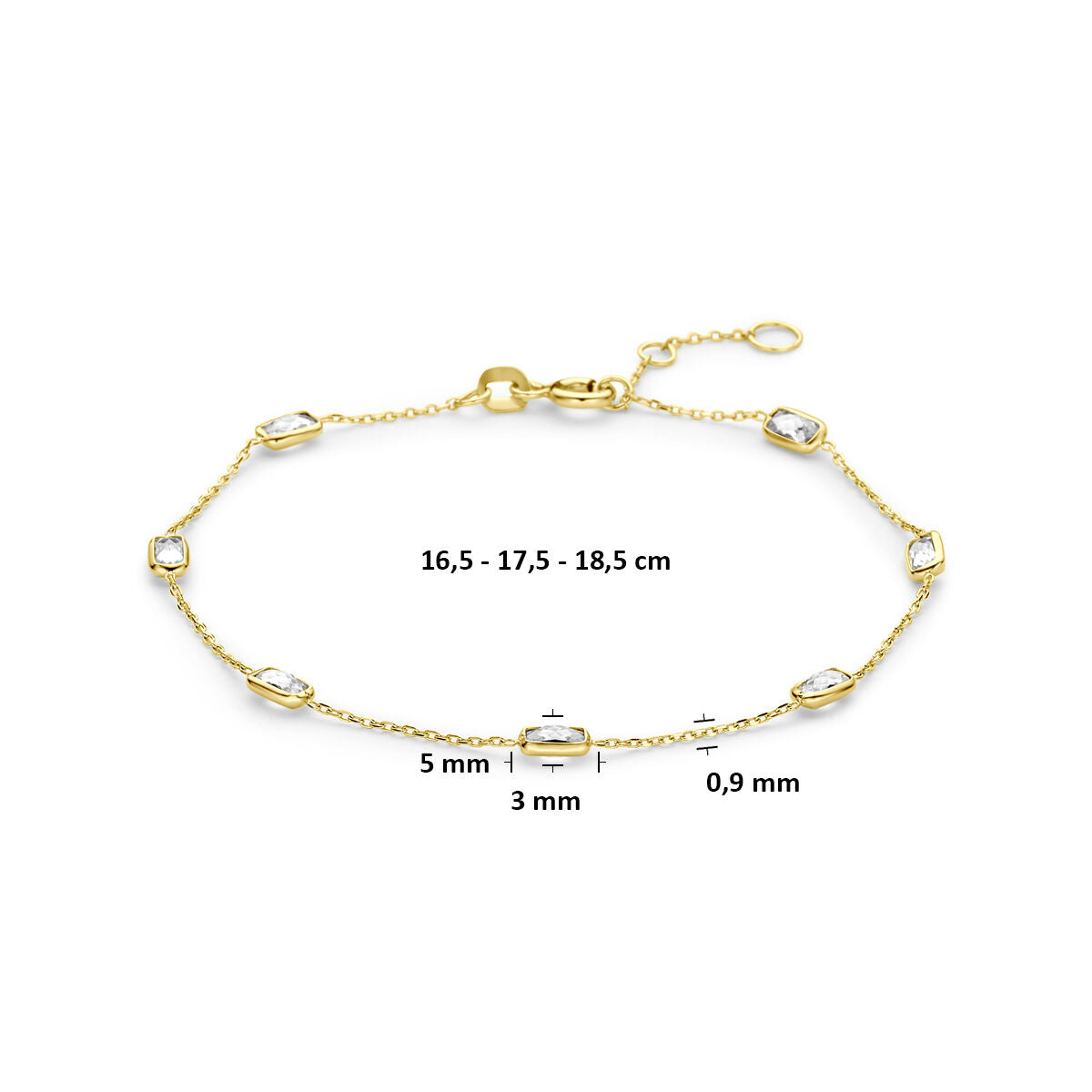 Armband zirkonia 9K geelgoud 16,5 - 17,5 - 18,5 cm wit