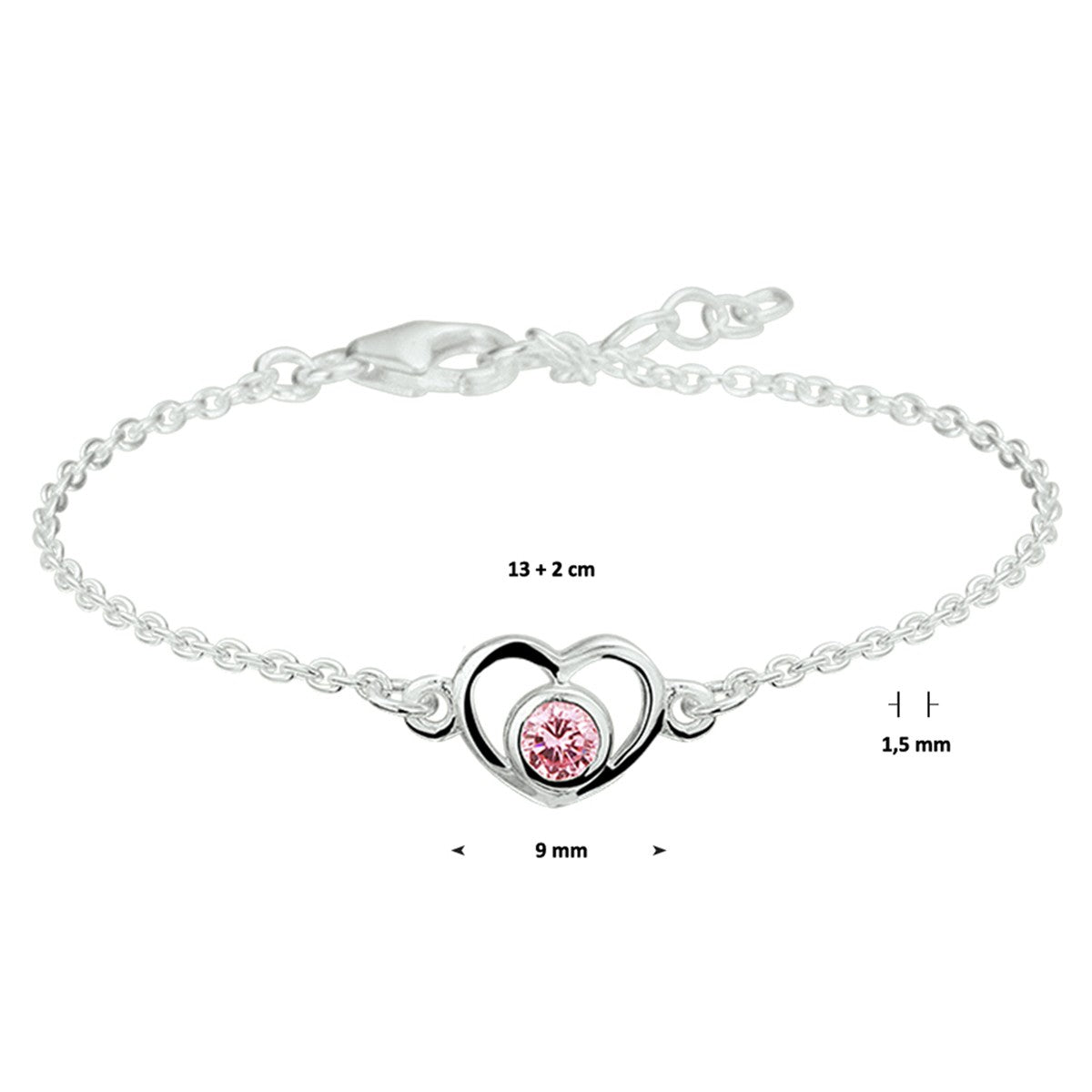 Fantasy Collection Armband hart en roze zirkonia 13 - 15 cm zilver