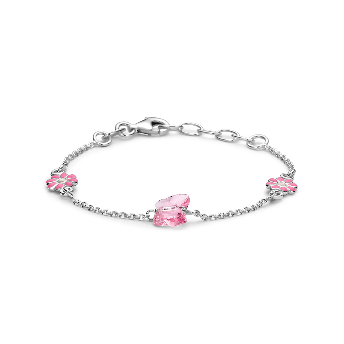Armband bloem en vlinder 13 + 2 cm zilver wit