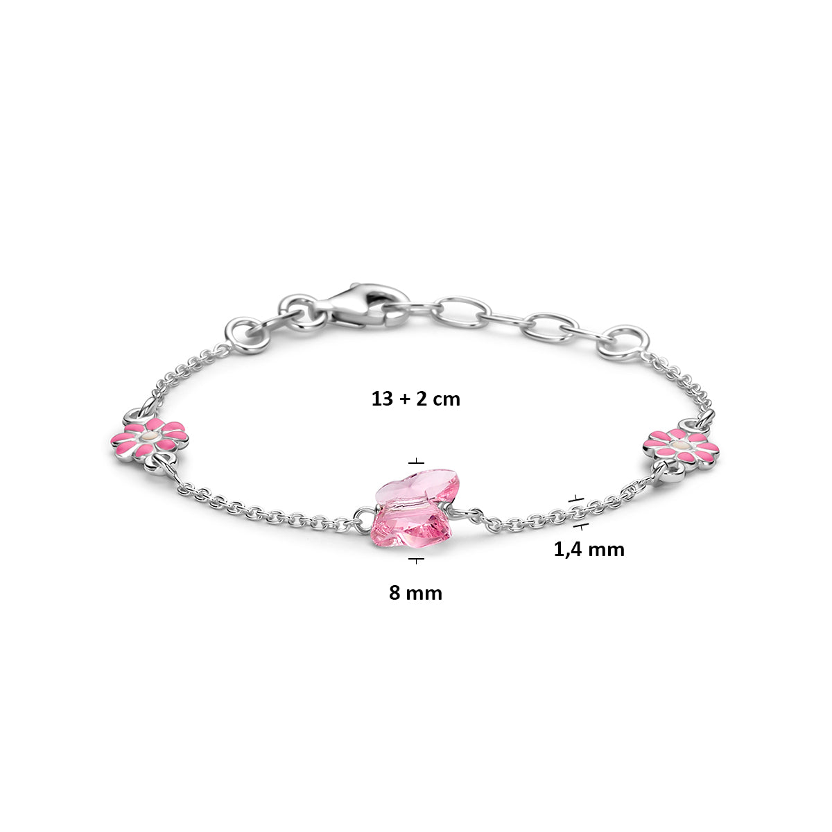 Armband bloem en vlinder 13 + 2 cm zilver wit