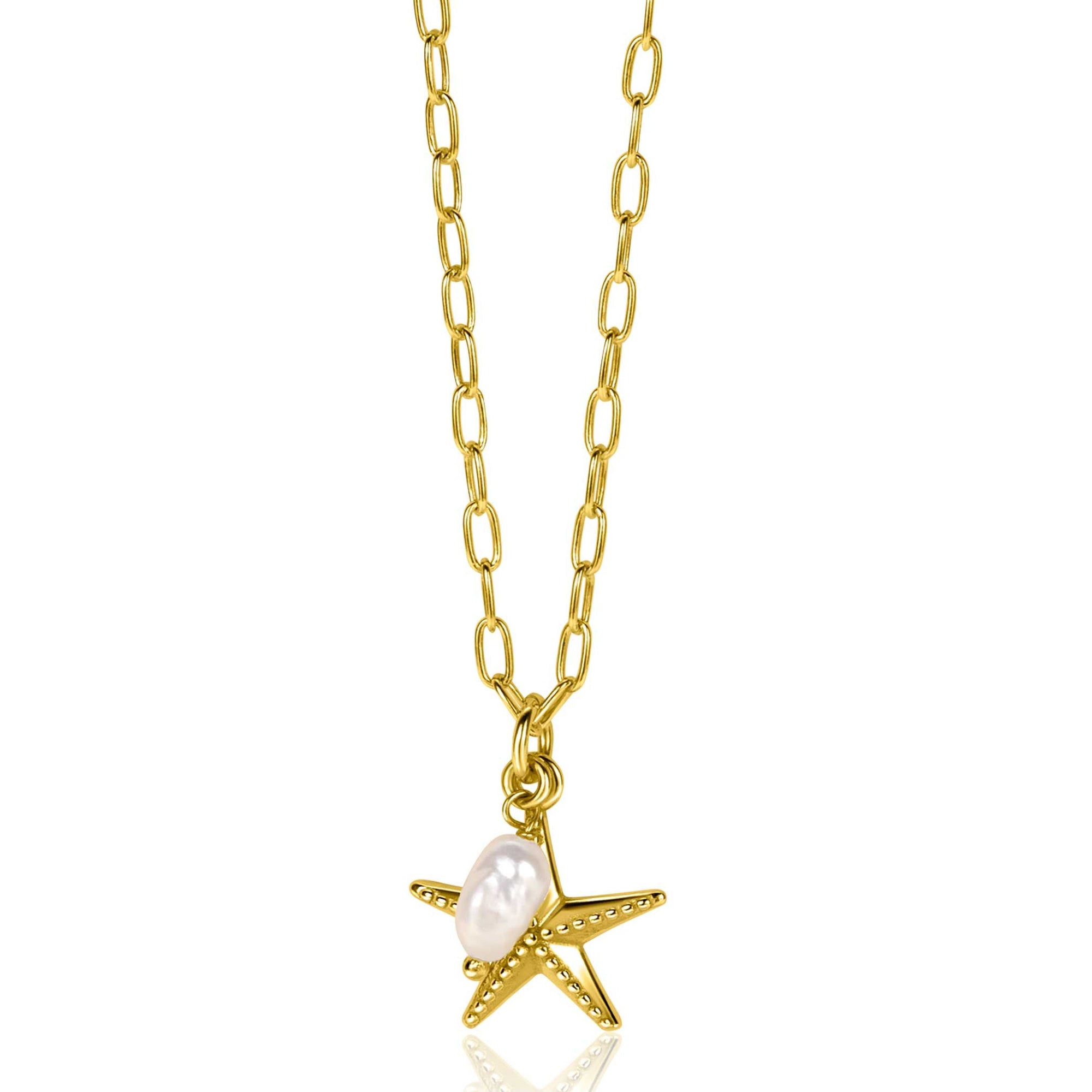 ZINZI gold plated zilveren ketting met paperclip-schakels en grote zeester hanger met ovale witte zoetwaterparel 40-45cm ZIC2641