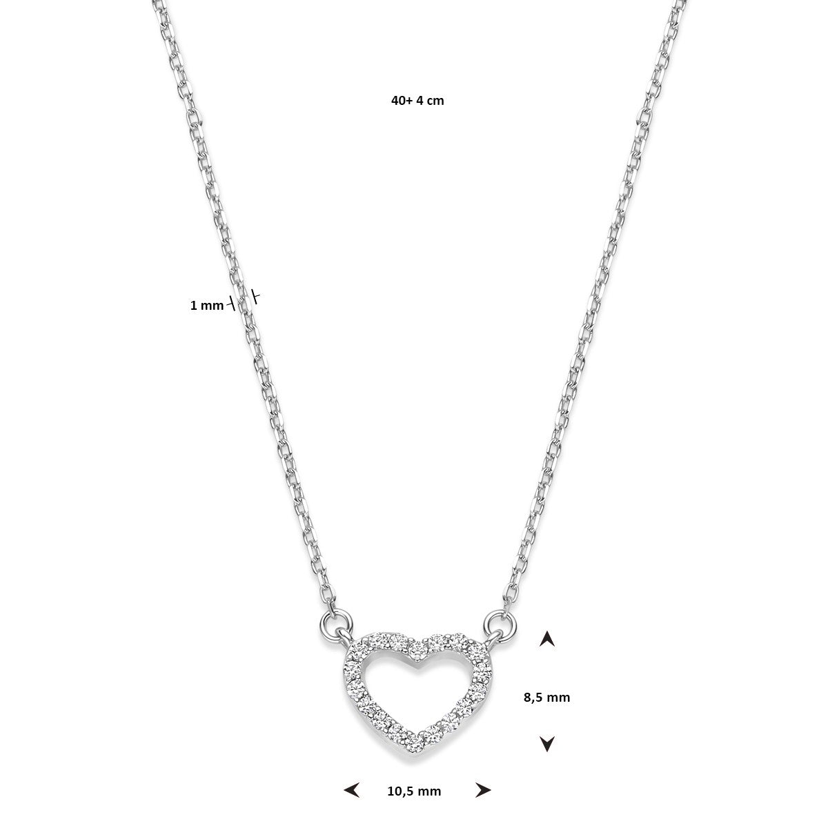 Collier hart zirkonia 40 + 4 cm zilver