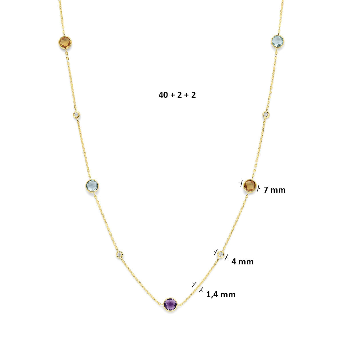 Collier citrien amethist topaas en diamant 0.25ct h si 14K geelgoud 40 + 2 + 2