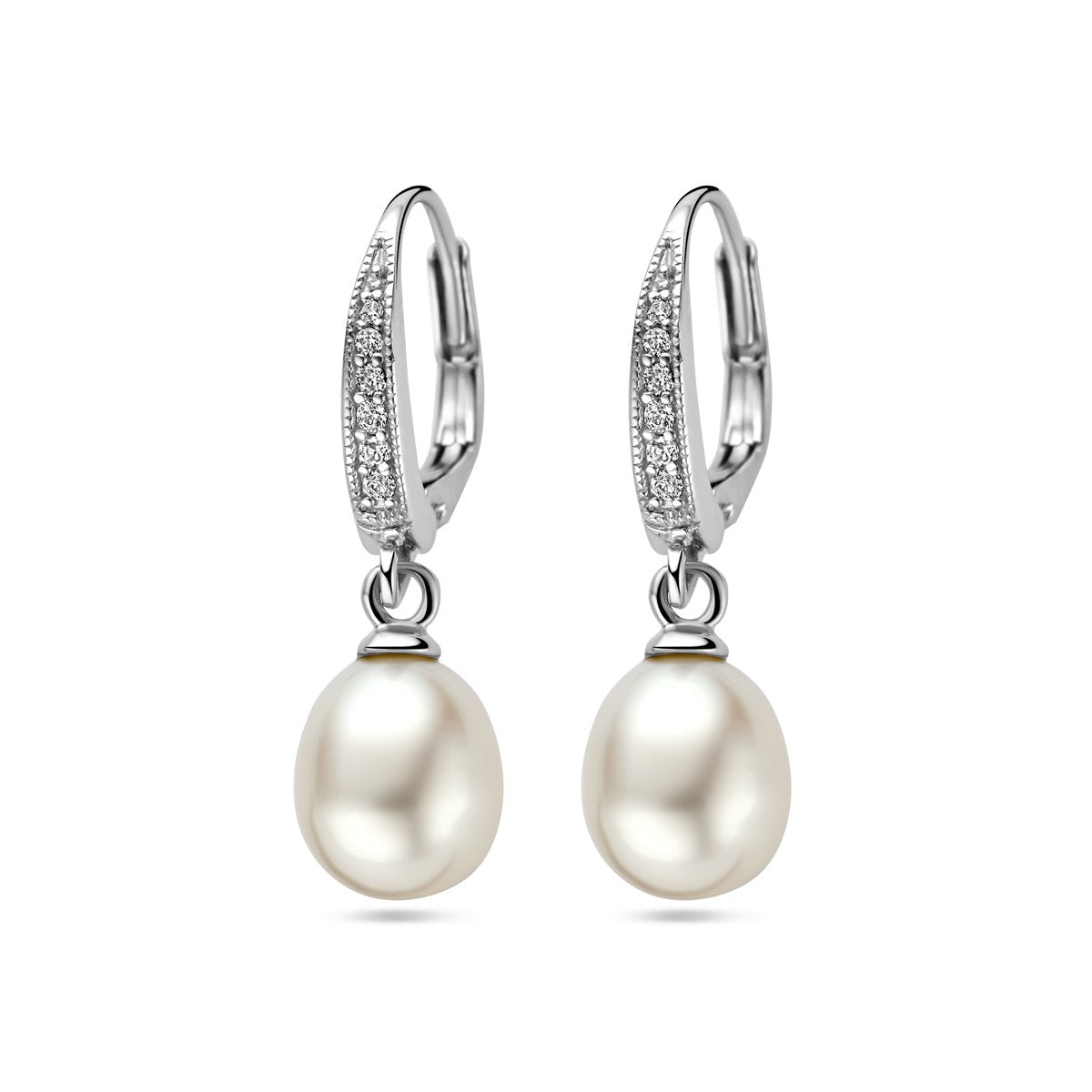 Fantasy Collection Hangende oorbellen parel en zirkonia brisure haak 29 mm zilver