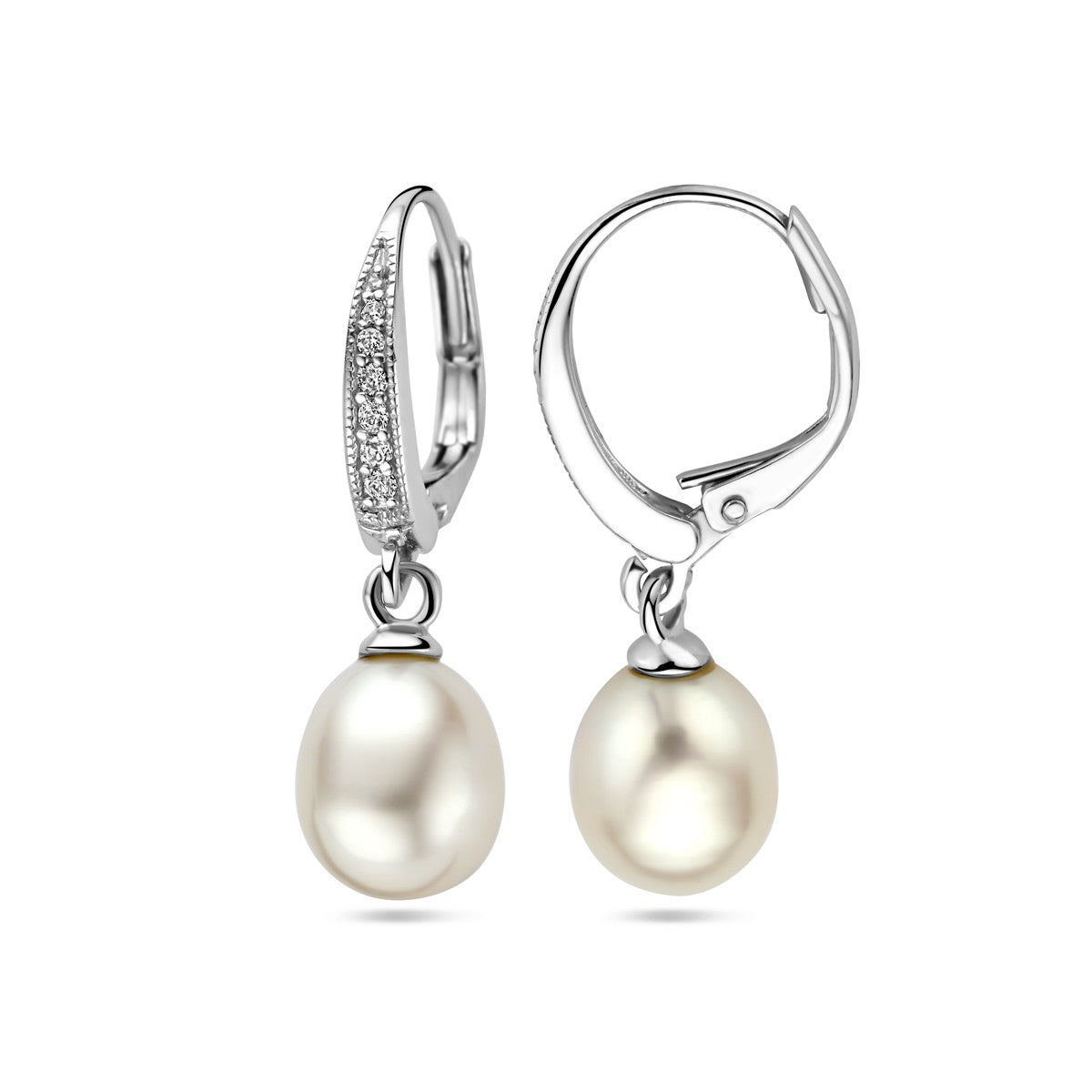 Fantasy Collection Hangende oorbellen parel en zirkonia brisure haak 29 mm zilver