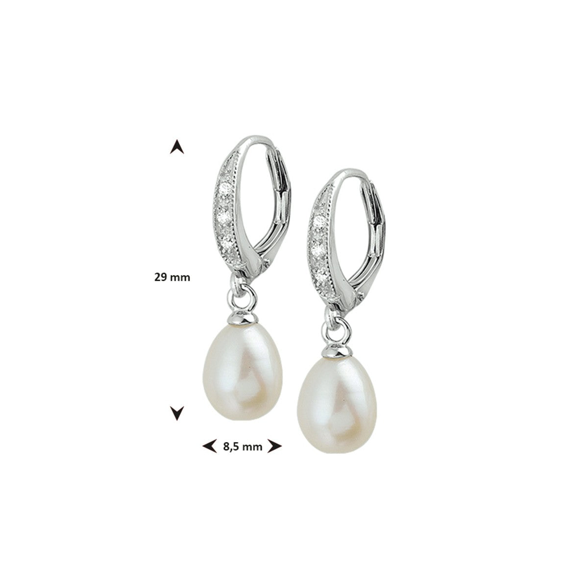 Fantasy Collection Hangende oorbellen parel en zirkonia brisure haak 29 mm zilver