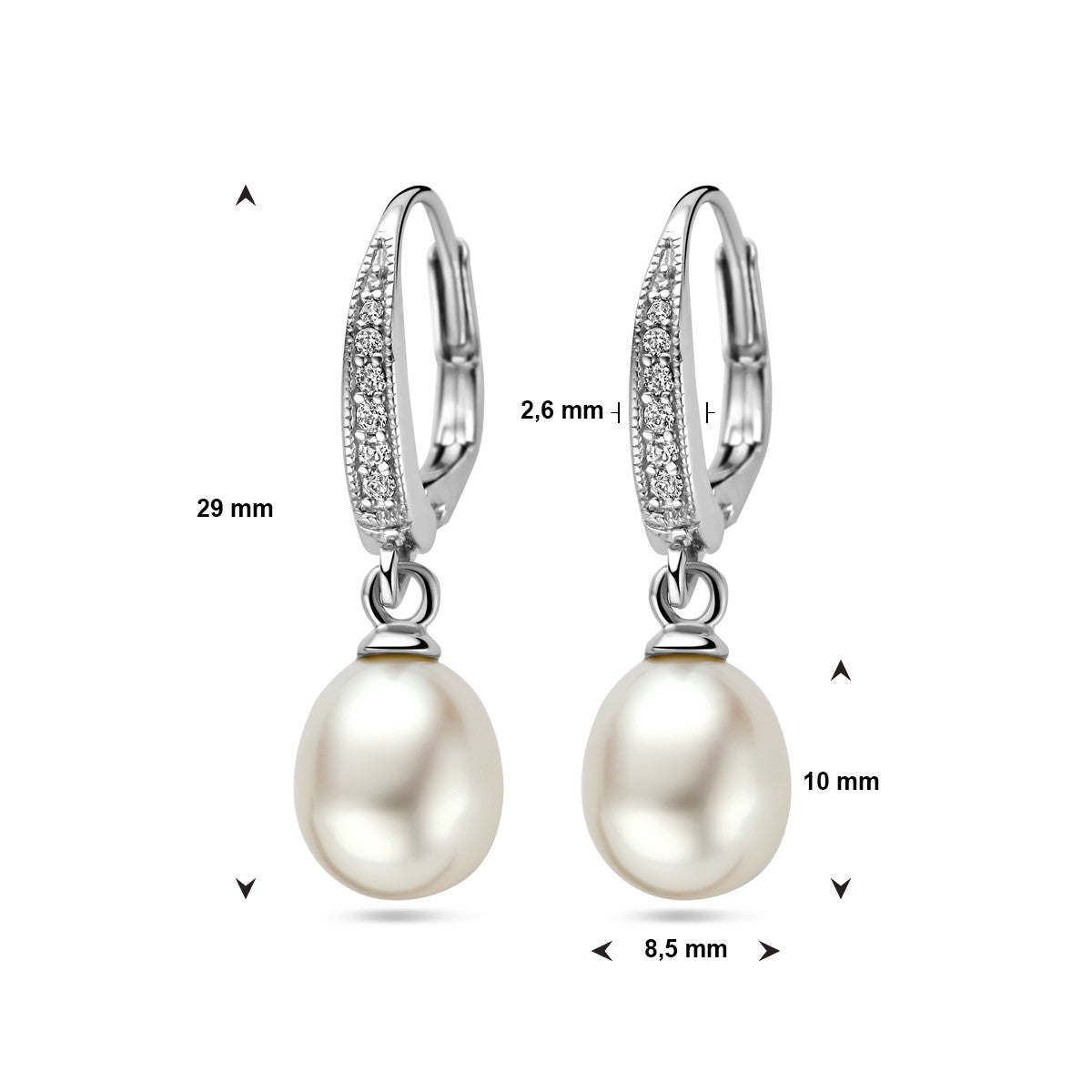 Fantasy Collection Hangende oorbellen parel en zirkonia brisure haak 29 mm zilver
