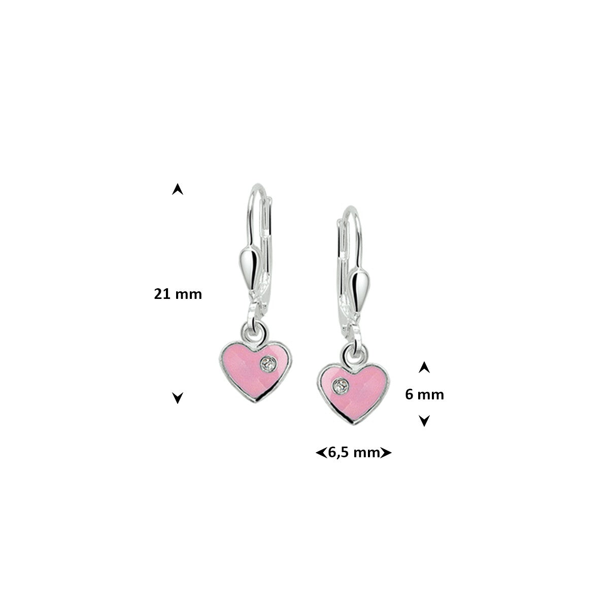 Hangende oorbellen hart en zirkonia brisure haak 21 mm zilver