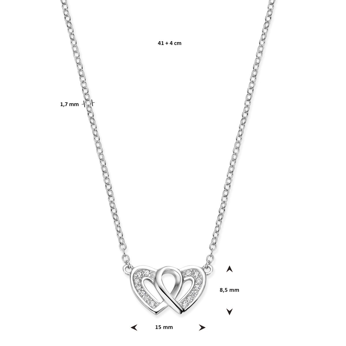 Collier hartjes zirkonia 41 + 4 cm zilver
