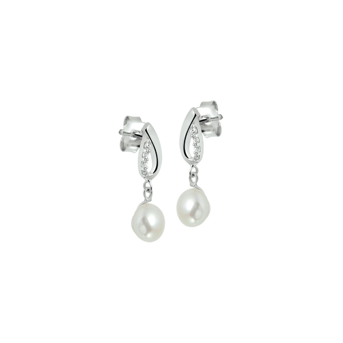 Fantasy Collection Hangende oorbellen parel en zirkonia 21 mm zilver