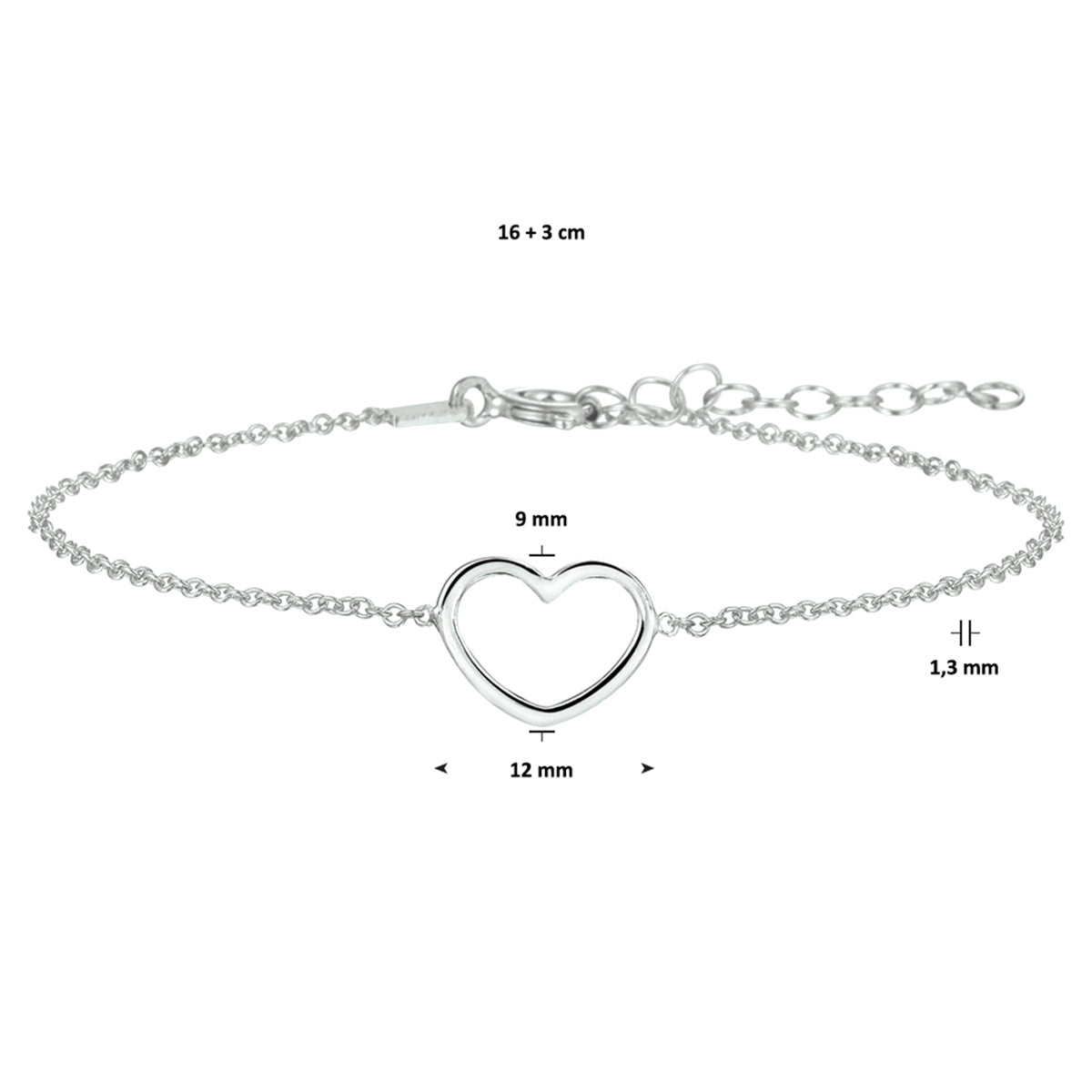 Armband hart 16 + 3 cm zilver gerhodineerd