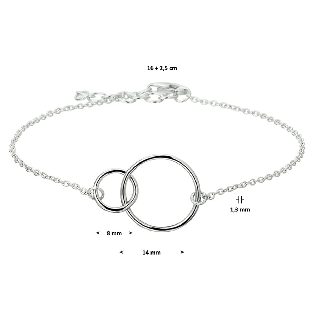 Fantasy Collection Armband rondjes 1,3 mm 16 + 2,5 cm zilver