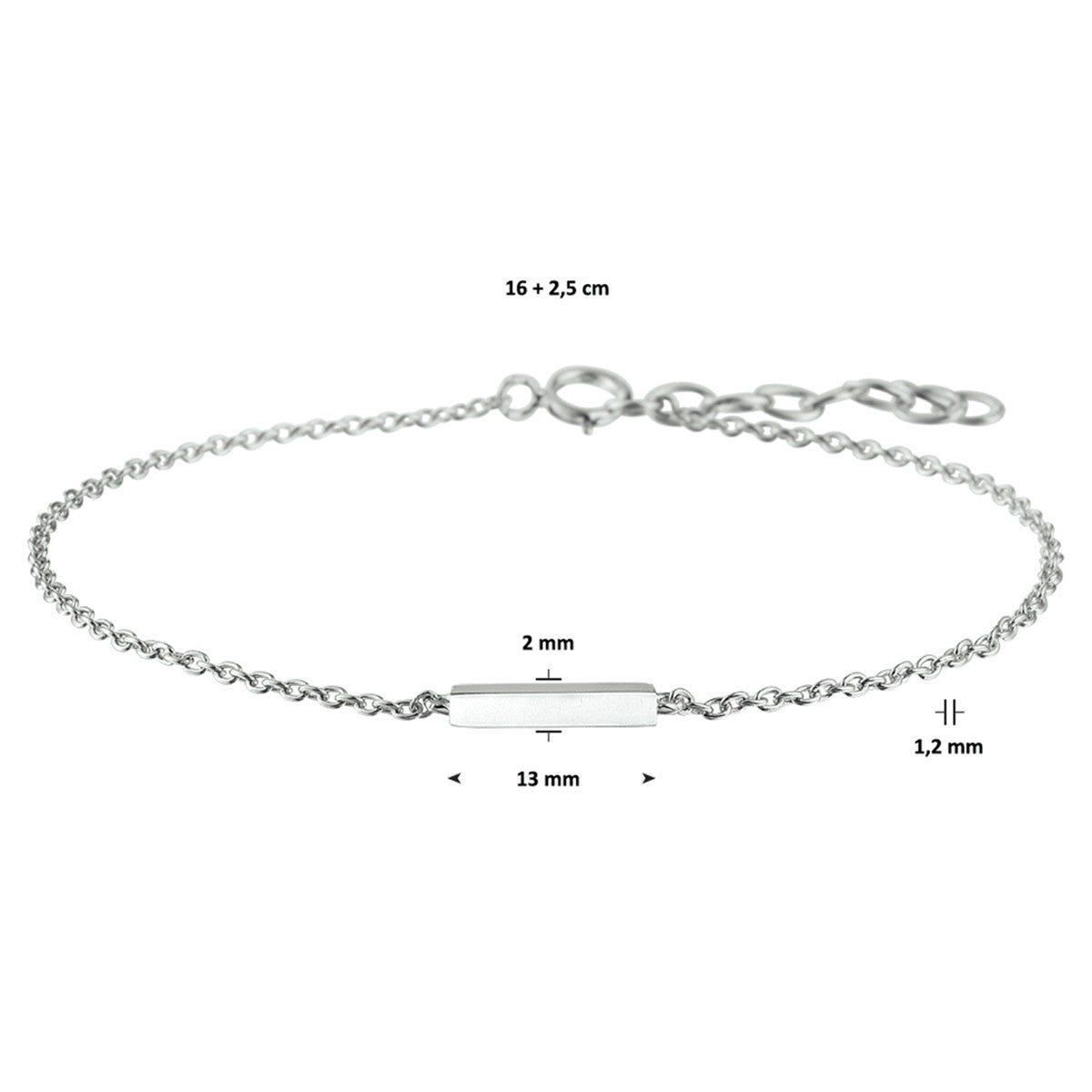 Fantasy Collection Armband balkje 1,2 mm 16 + 2,5 mm zilver