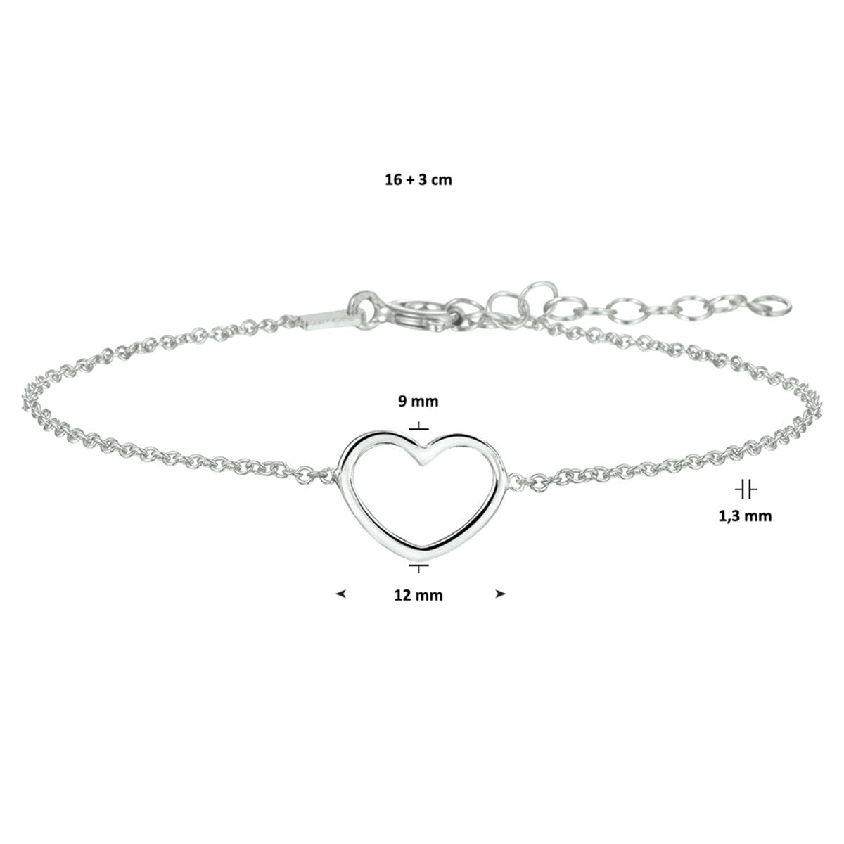 Fantasy Collection Armband hart 1,3 mm 16 + 3 cm zilver