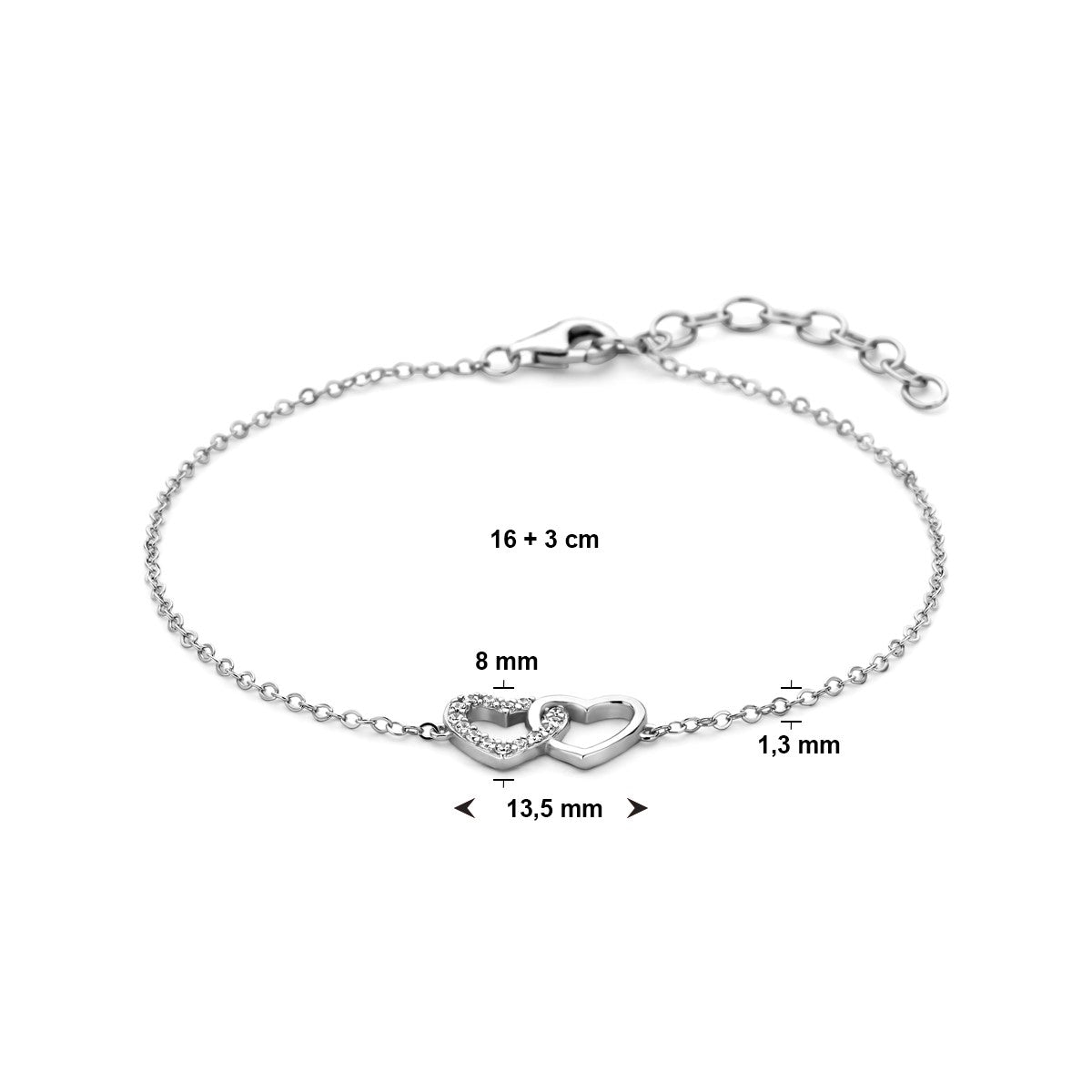 Fantasy Collection Armband hartjes en zirkonia 16 + 3 cm zilver
