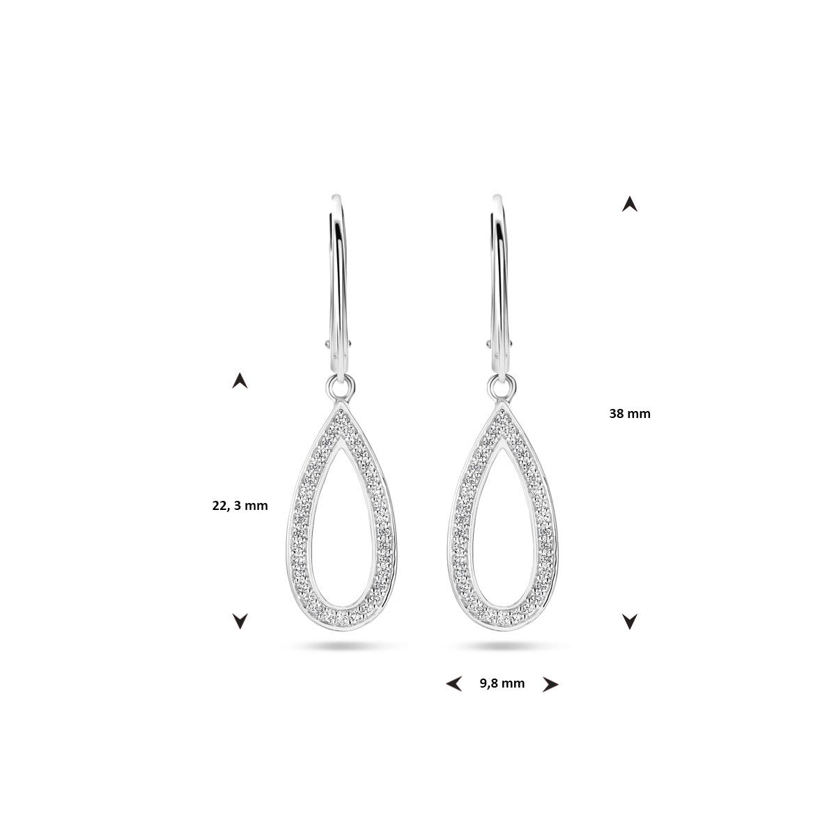 Hangende oorbellen zirkonia brisure haak 38 mm zilver