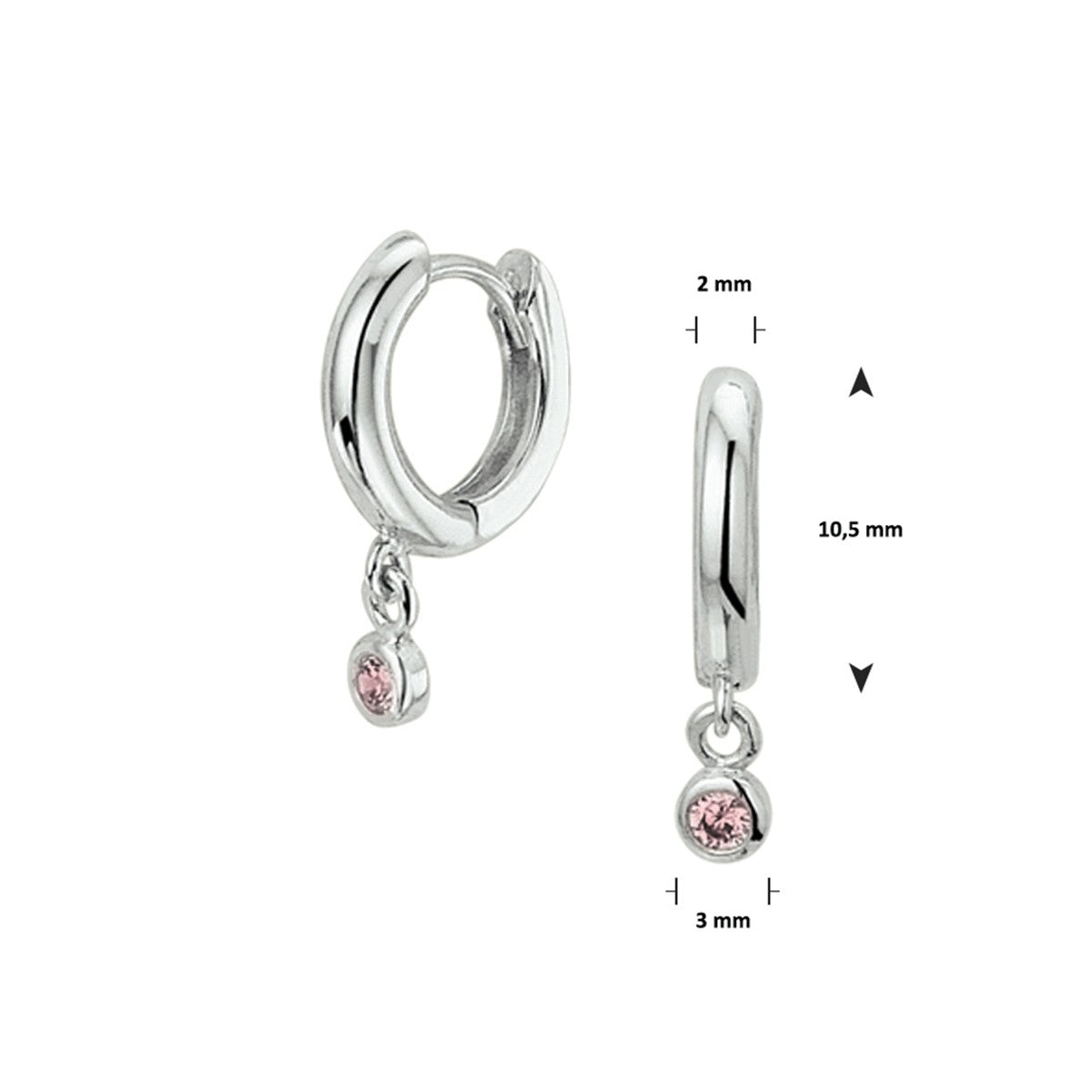 Fantasy Collection Oorbellen roze zirkonia 15 mm zilver