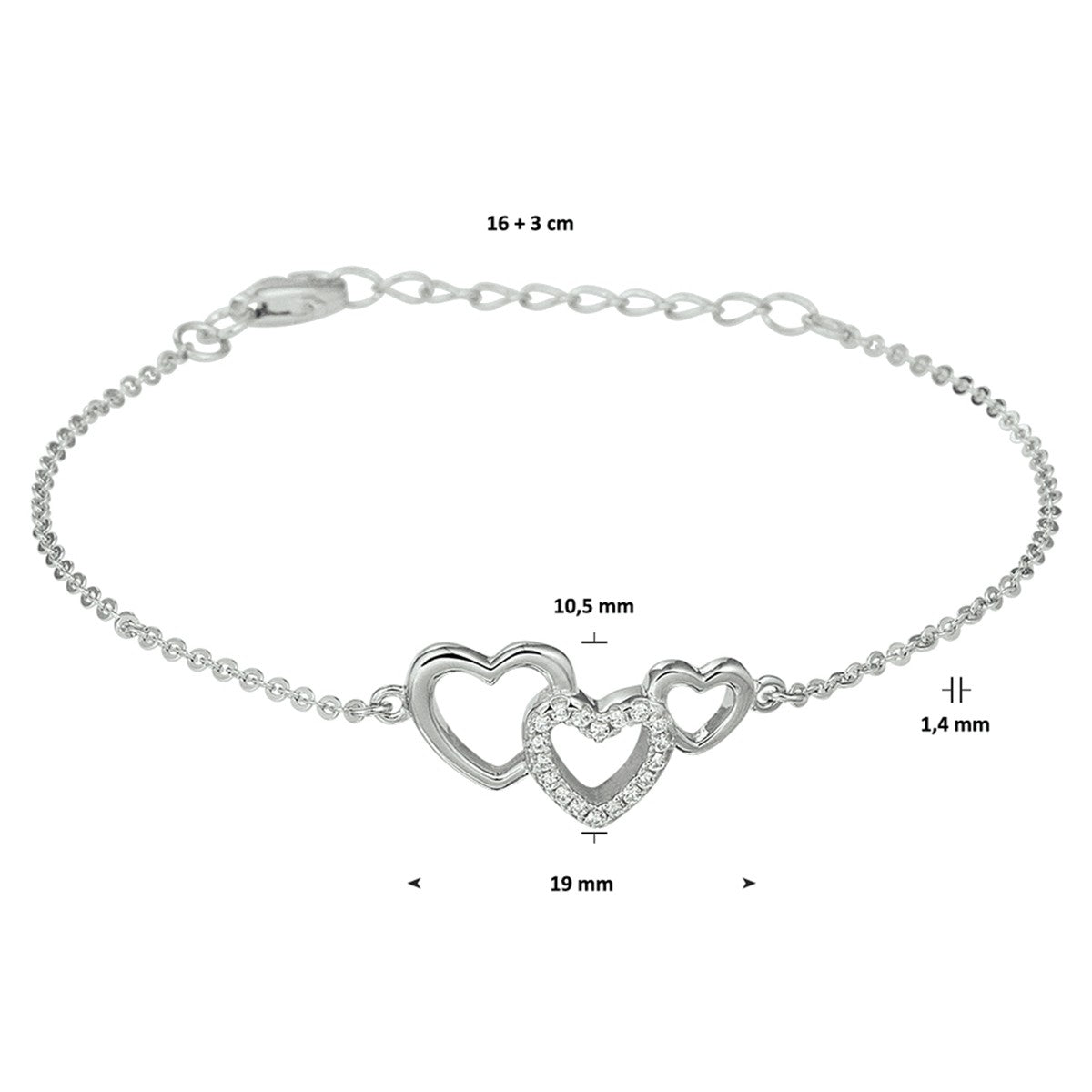 Fantasy Collection Armband hartjes en zirkonia 16 + 3 cm zilver