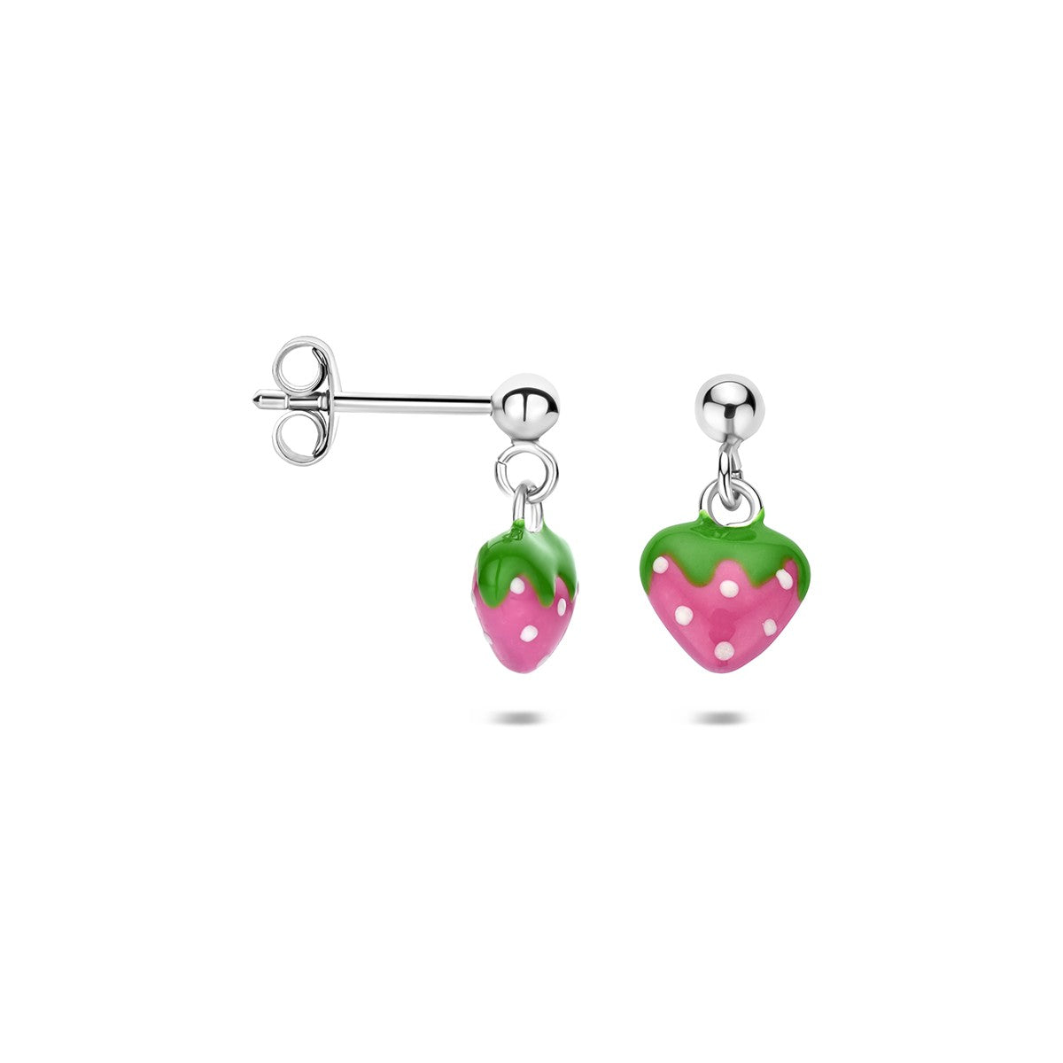 Hangende oorbellen aardbei emaille zilver