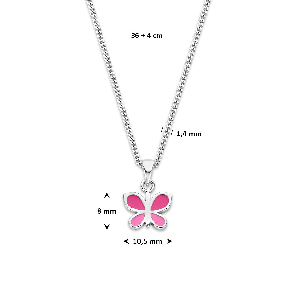 Collier vlinder emaille 36 + 4 cm zilver