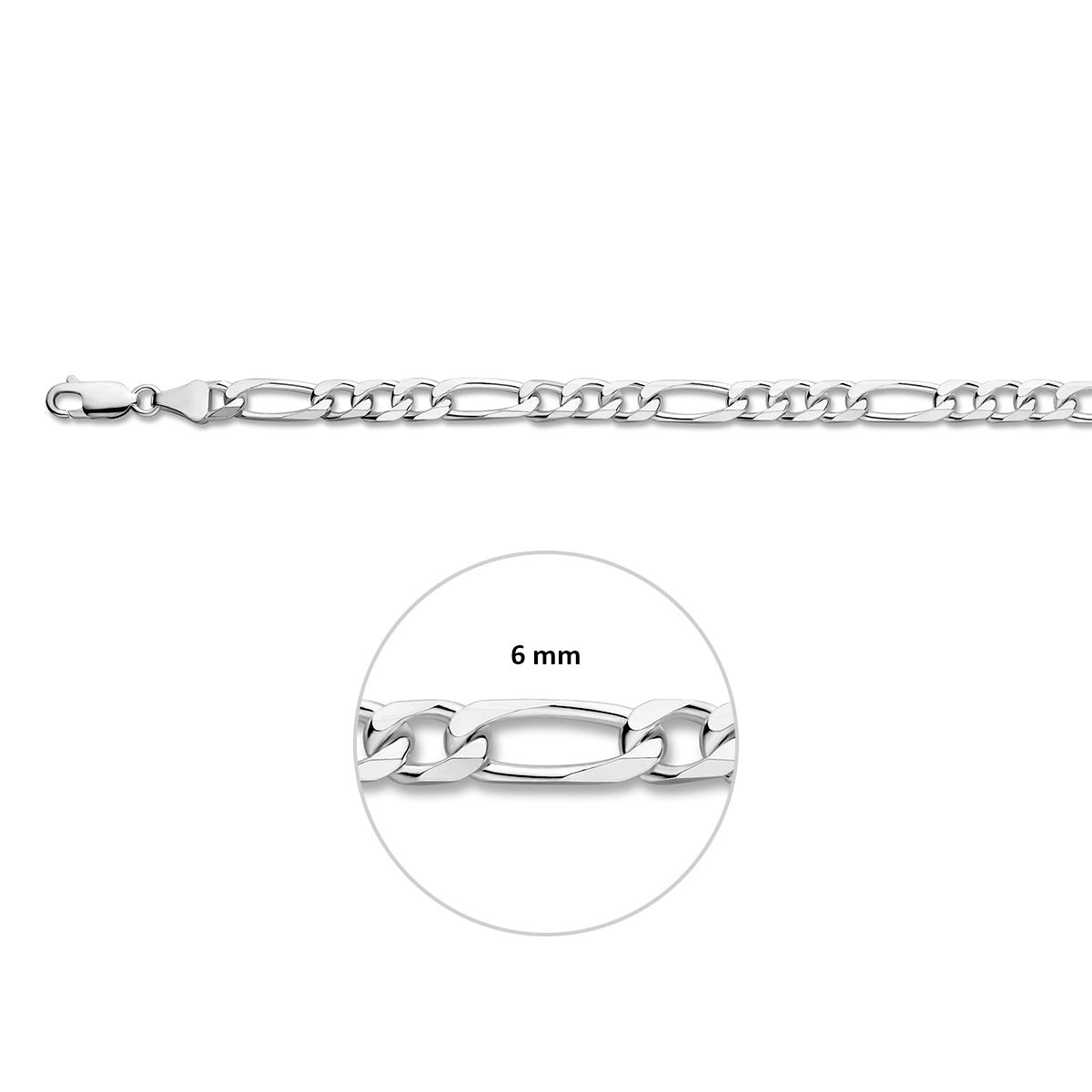 Armband figaro 6,0 mm 21 cm zilver gerhodineerd
