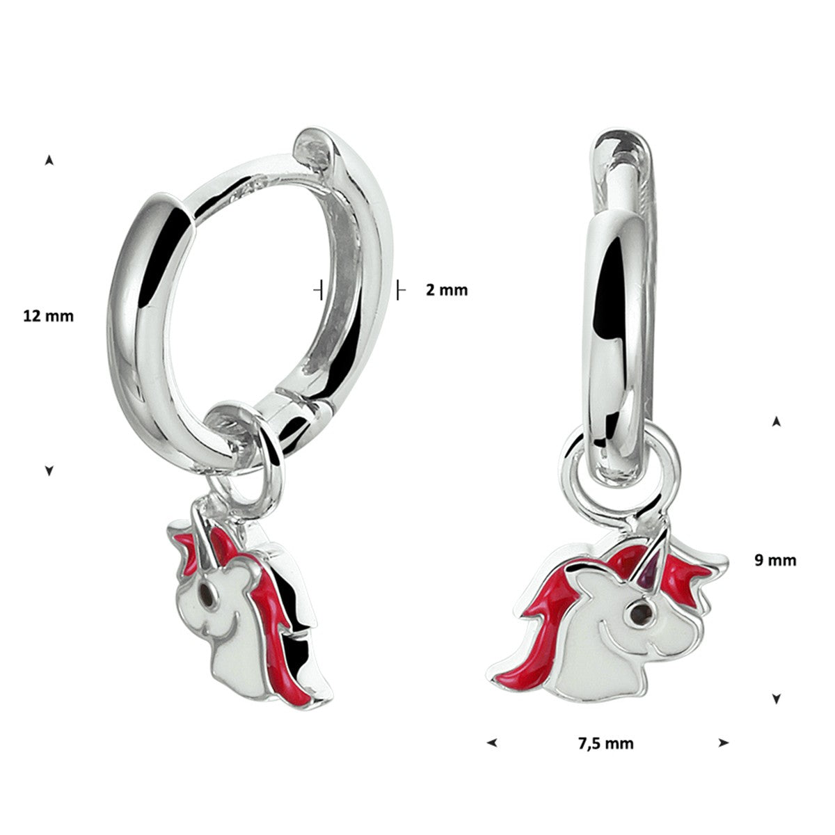 Fantasy Collection Oorbellen emaille eenhoorn 12 mm zilver
