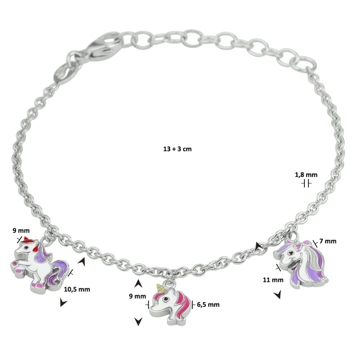 Fantasy Collection Armband eenhoorn emaille 13 + 3 cm zilver