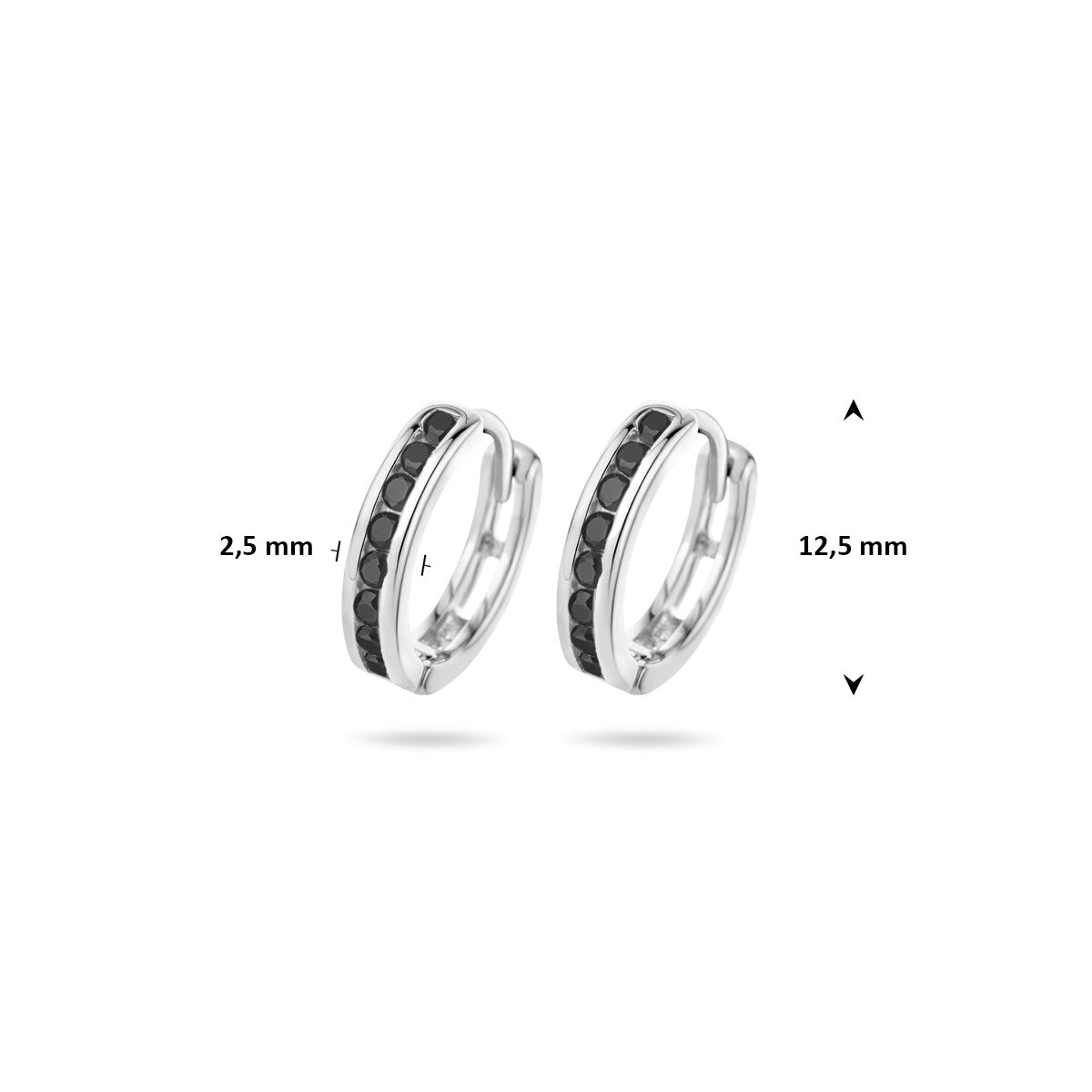 Oorbellen zwart zirkonia 12,5 mm zilver
