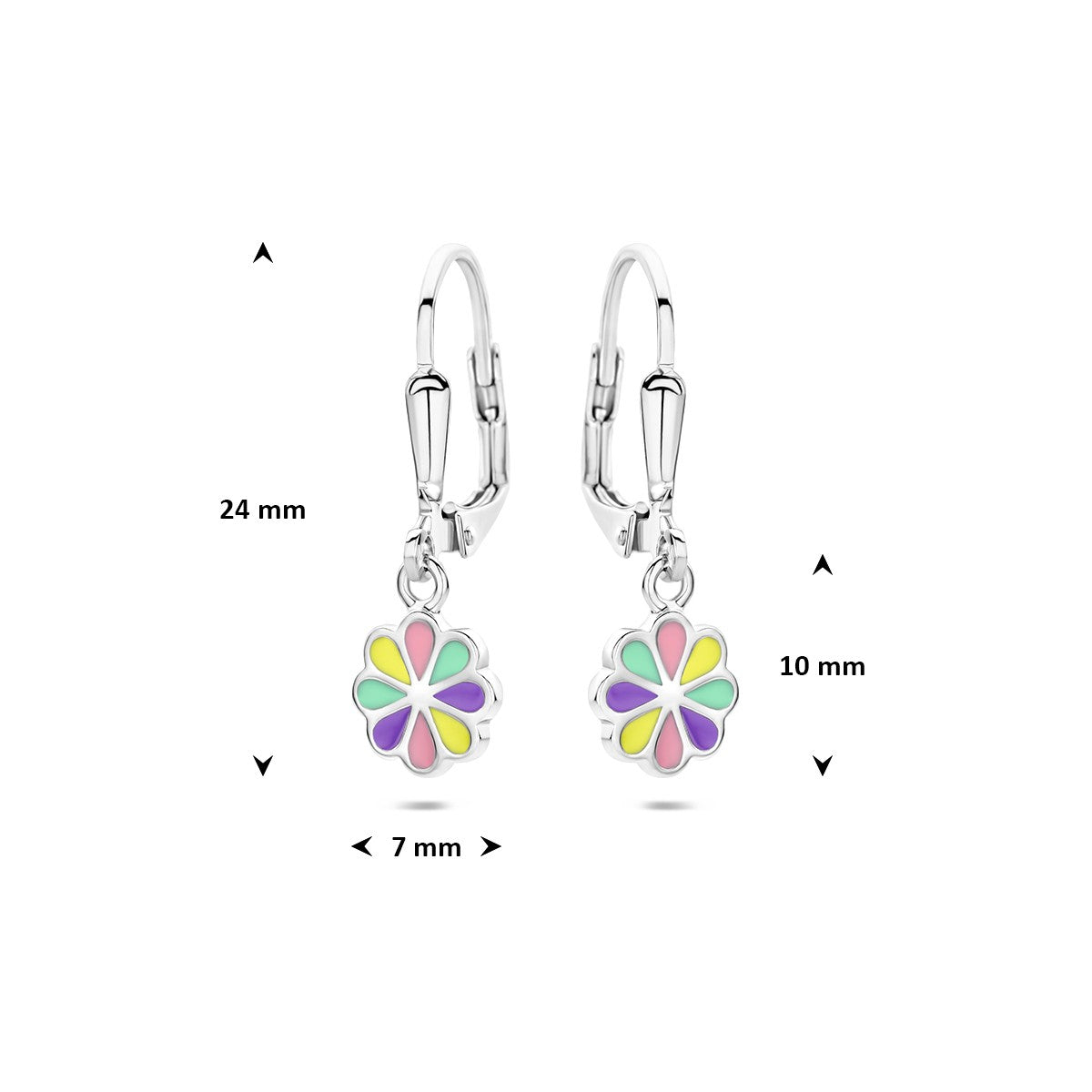 Hangende oorbellen bloem emaille brisure haak zilver