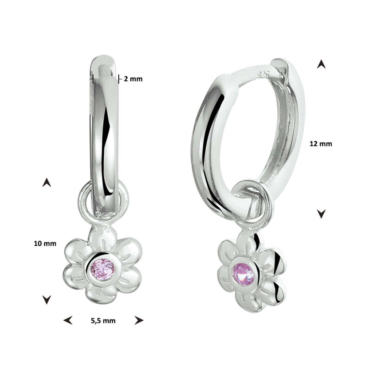 Fantasy Collection Oorbellen bloem roze zirkonia 12 mm zilver