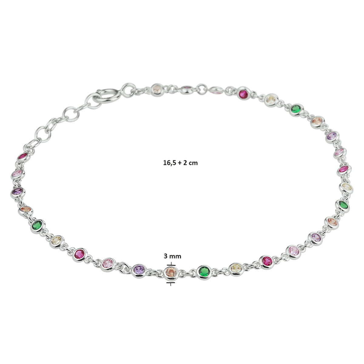 Fantasy Collection Armband regenboog zirkonia 16,5 + 2 cm zilver