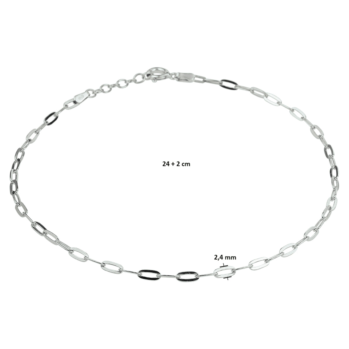 Enkelbandje paperclip platte buis 2,4 mm zilver gerhodineerd