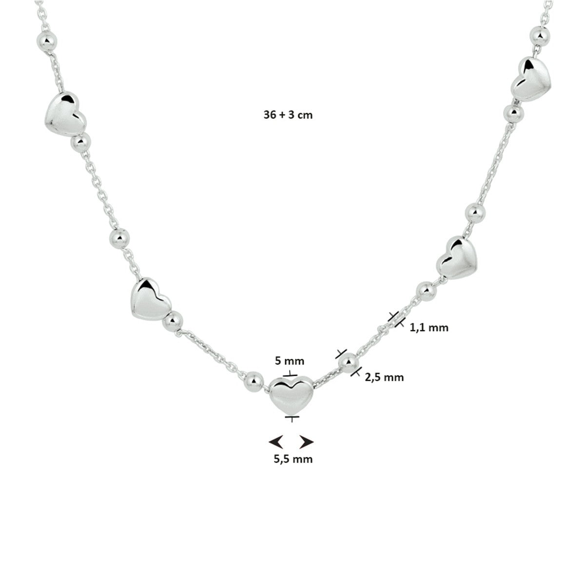 Fantasy Collection Collier hartjes 36 + 3 cm zilver