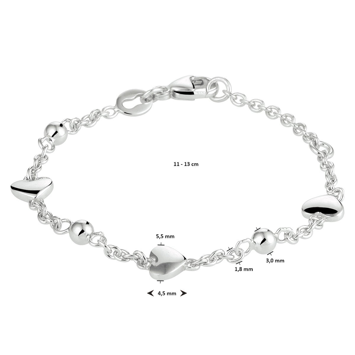 Fantasy Collection Armband hartjes 11 - 13 cm zilver
