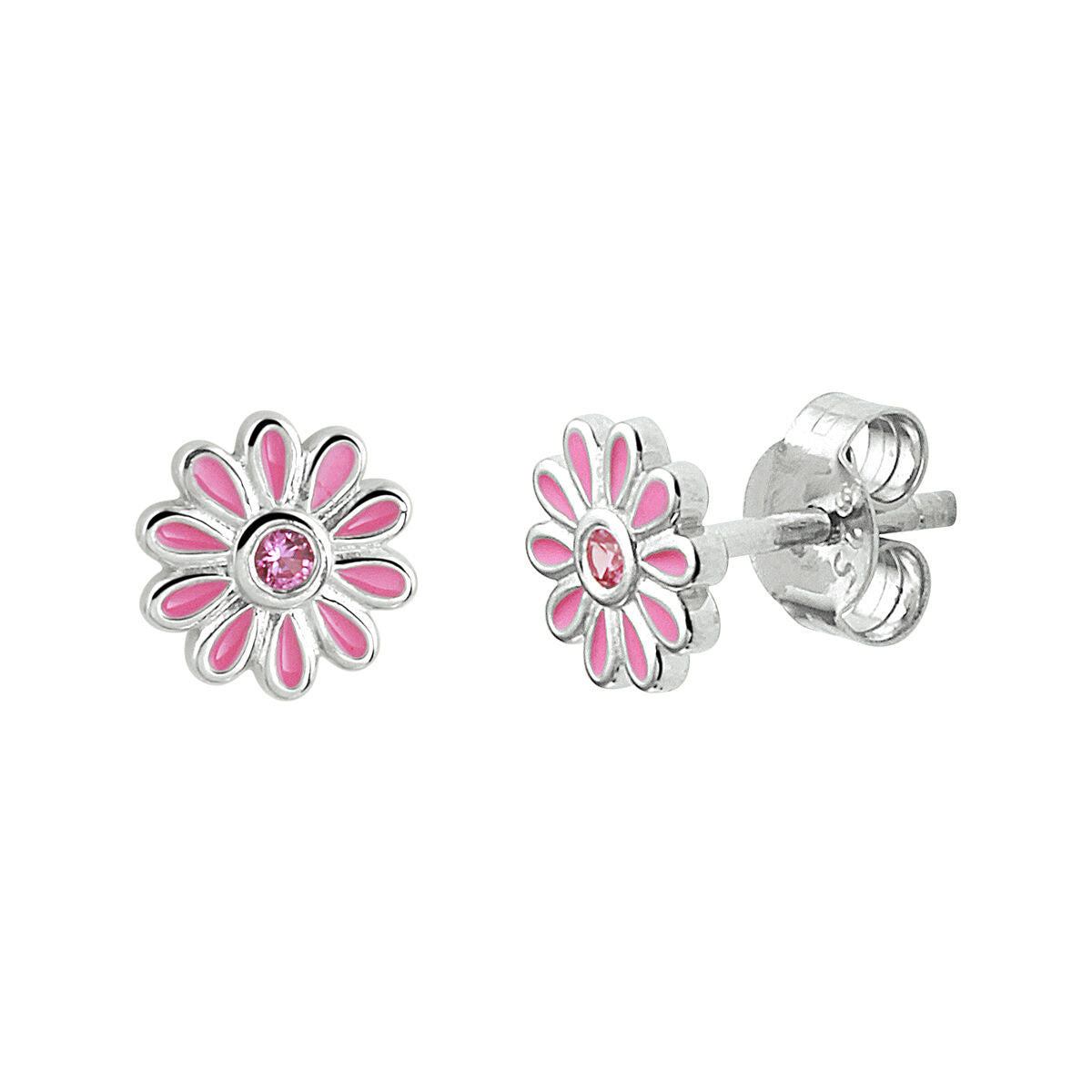 Fantasy Collection Oorbellen emaille bloem roze zirkonia 7 mm zilver - PSN1333120