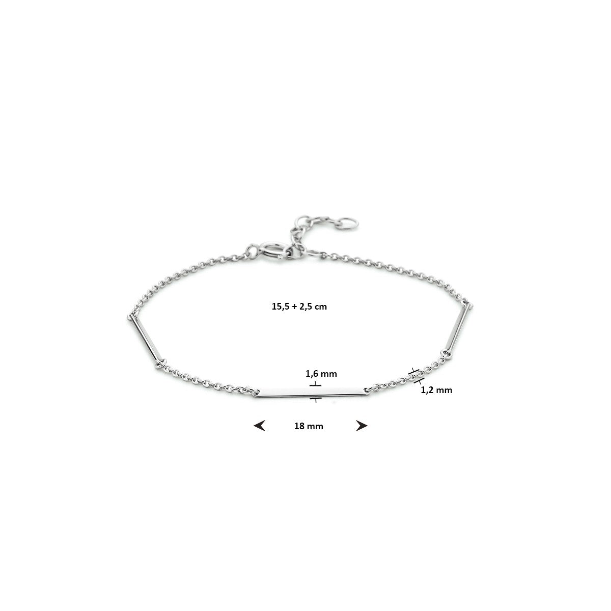 Fantasy Collection Armband balkjes 1,6 mm 15,5 + 2,5 mm zilver