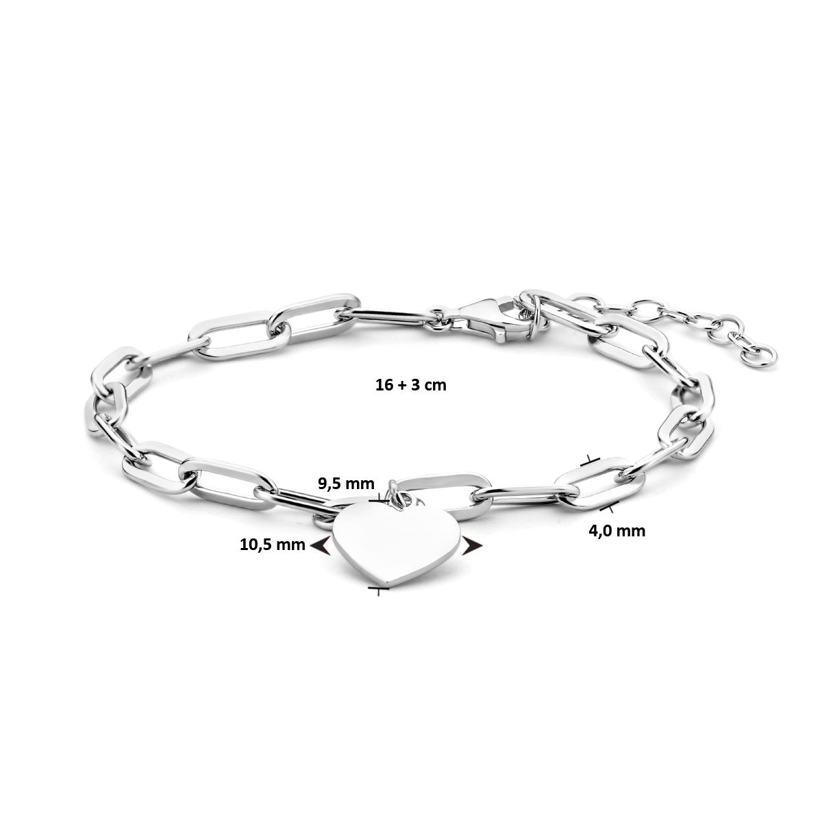 Fantasy Collection Armband hart paperclip platte buis 16 + 3 cm zilver