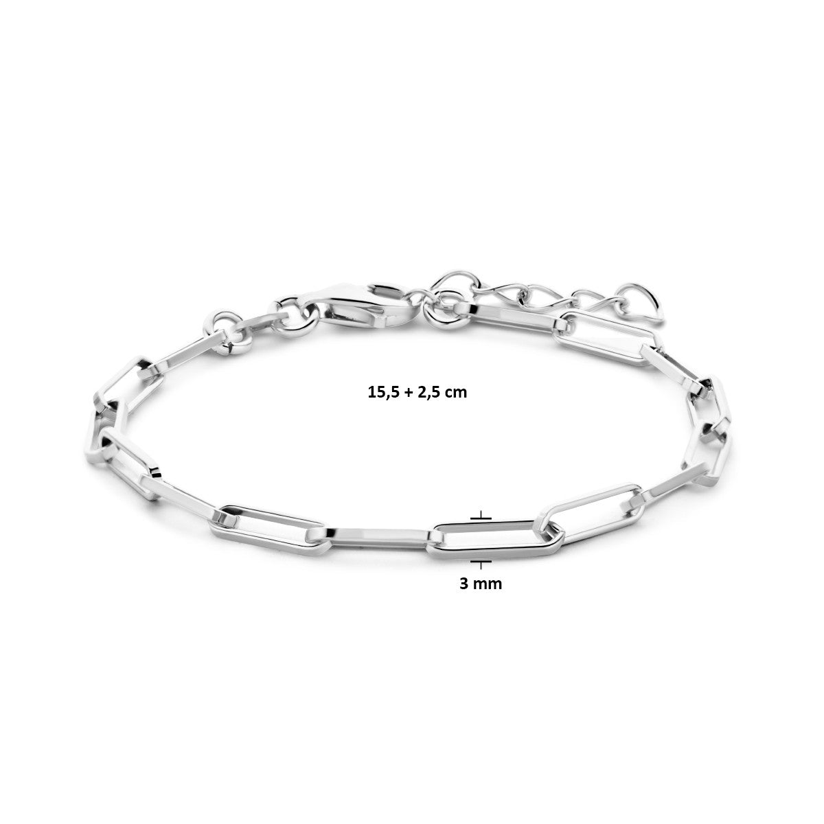 Fantasy Collection Armband paperclip vierkante buis 3,0 mm 15,5 + 2,5 cm zilver