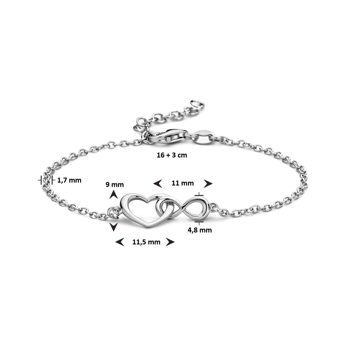 Fantasy Collection Armband hart en infinity 16 + 3 cm zilver