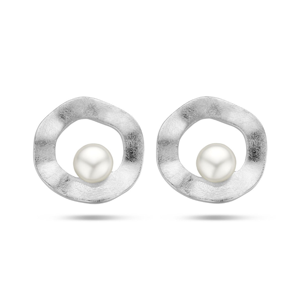 Fantasy Collection Oorbellen rondje parel gescratcht zilver