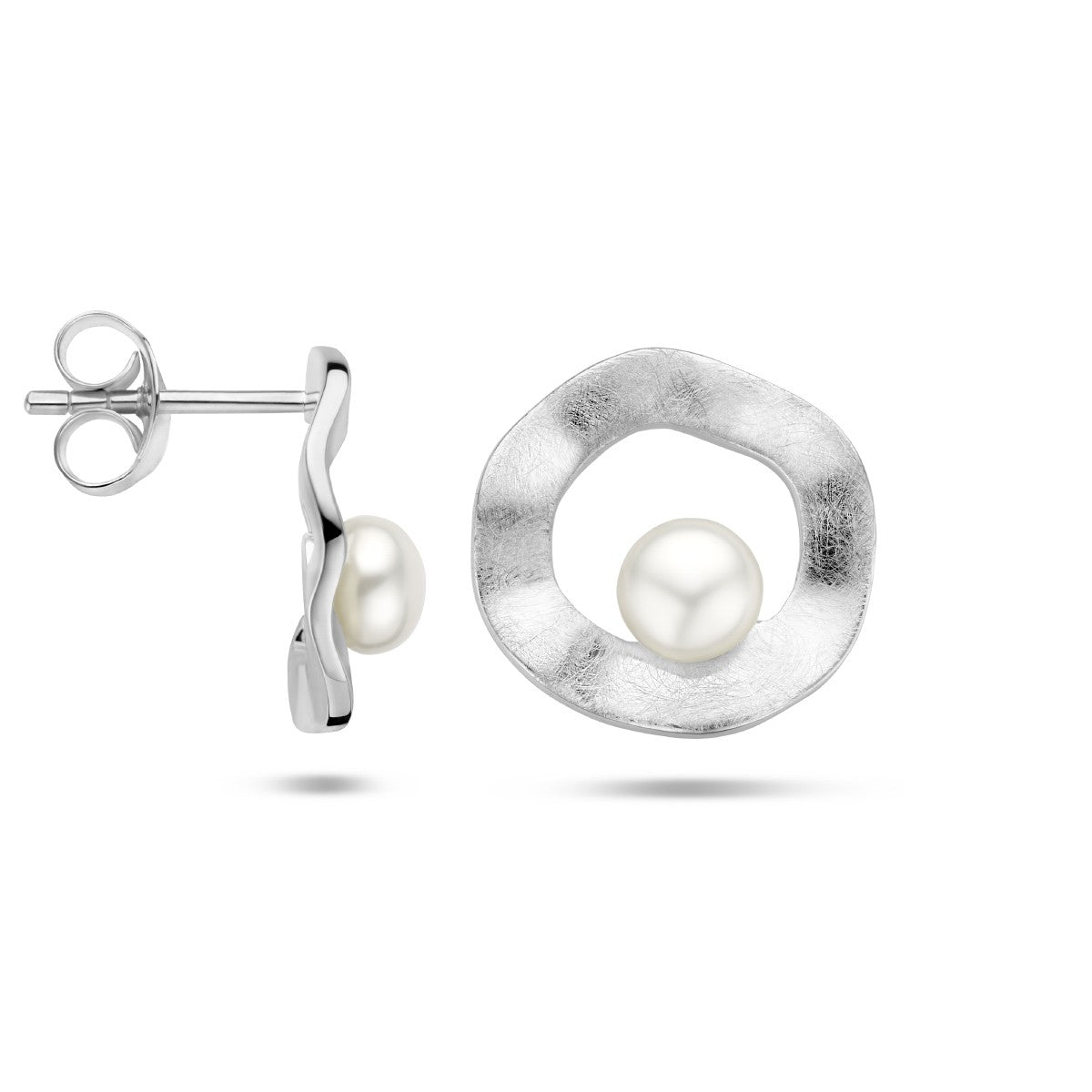 Fantasy Collection Oorbellen rondje parel gescratcht zilver