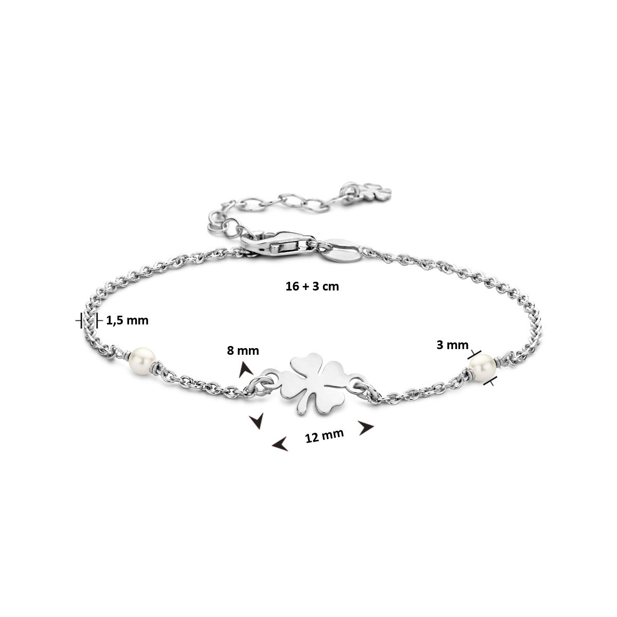 Fantasy Collection Armband synth. parel en klavertje 16 + 3 cm zilver