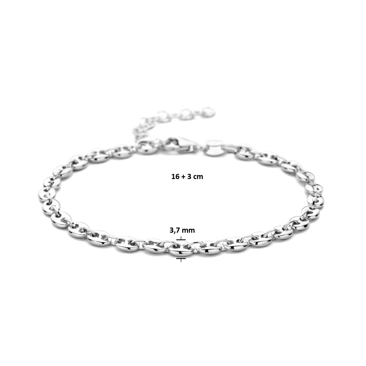Fantasy Collection Armband koffieboon 3,7 mm 16 + 3 cm zilver