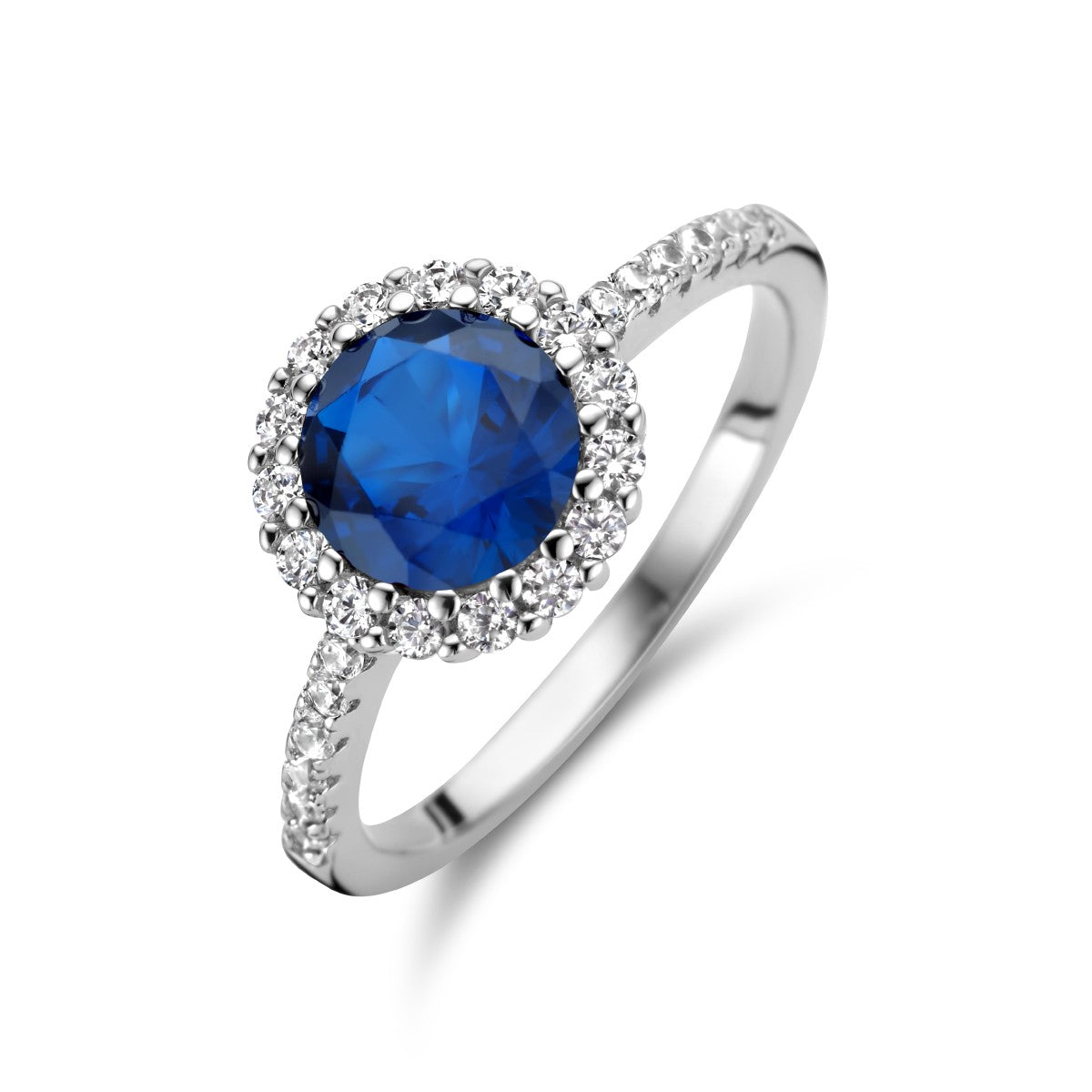 Fantasy Collection Ring blauw en wit zirkonia halo zilver