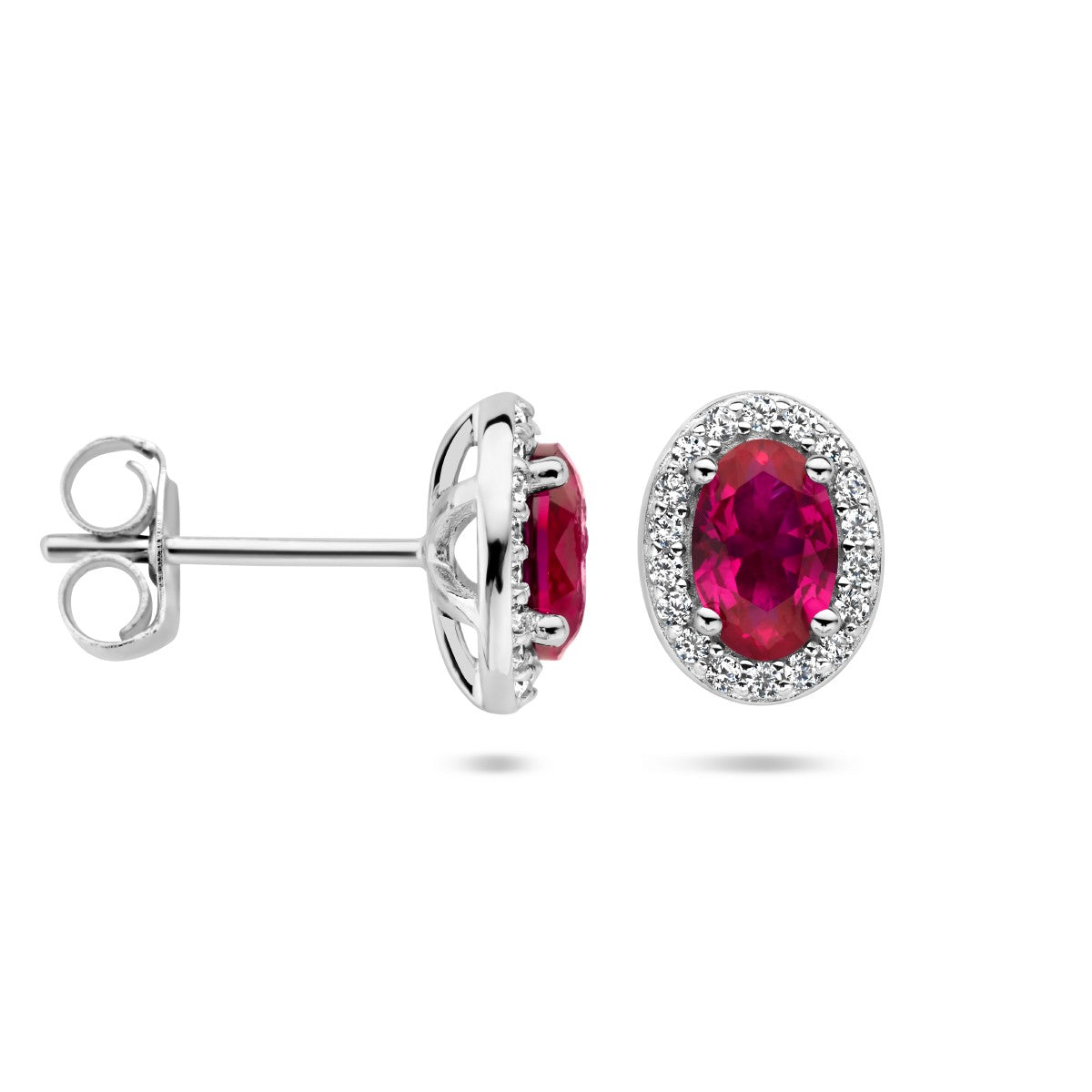 Fantasy Collection Oorbellen rood en wit zirkonia halo zilver