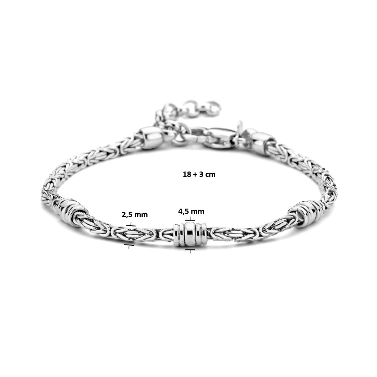 Fantasy Collection Armband konings 2,5 mm en ringetjes 18 + 3 cm zilver