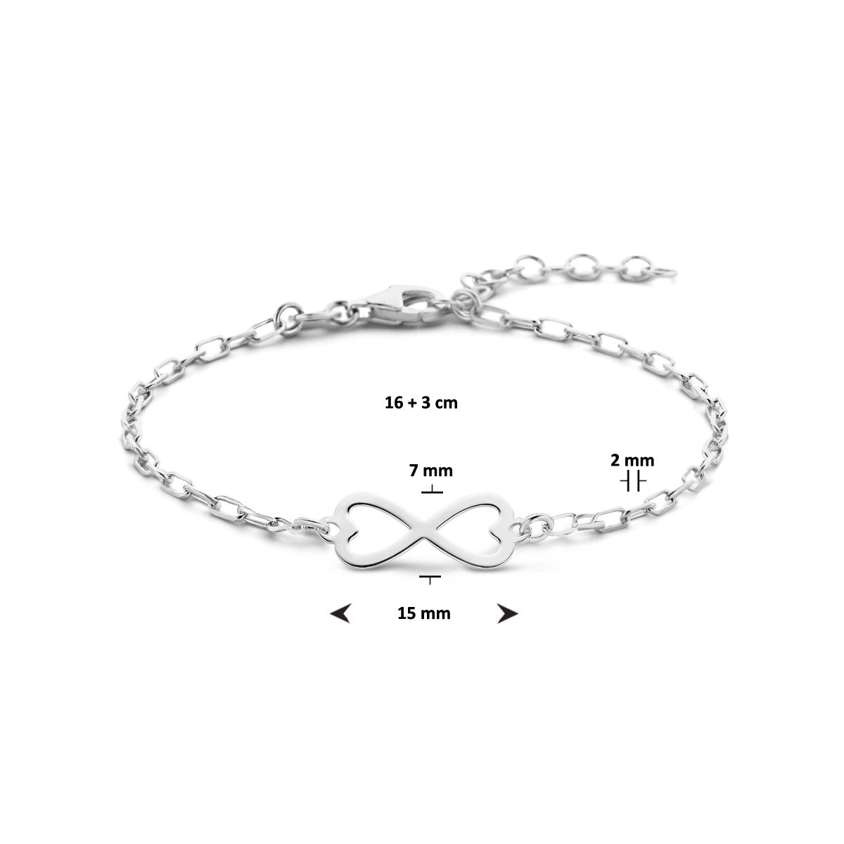 Zilveren armband Infinity Symbool Gerhodineerd 16 + 3 cm - Subtiele Schakel 2mm - 1336397 - PansiteNederland.nl