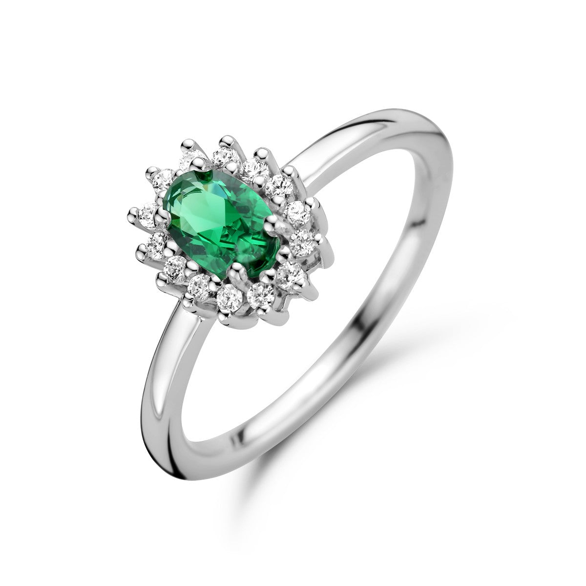 Fantasy Collection Ring synth. smaragd en zirkonia halo zilver